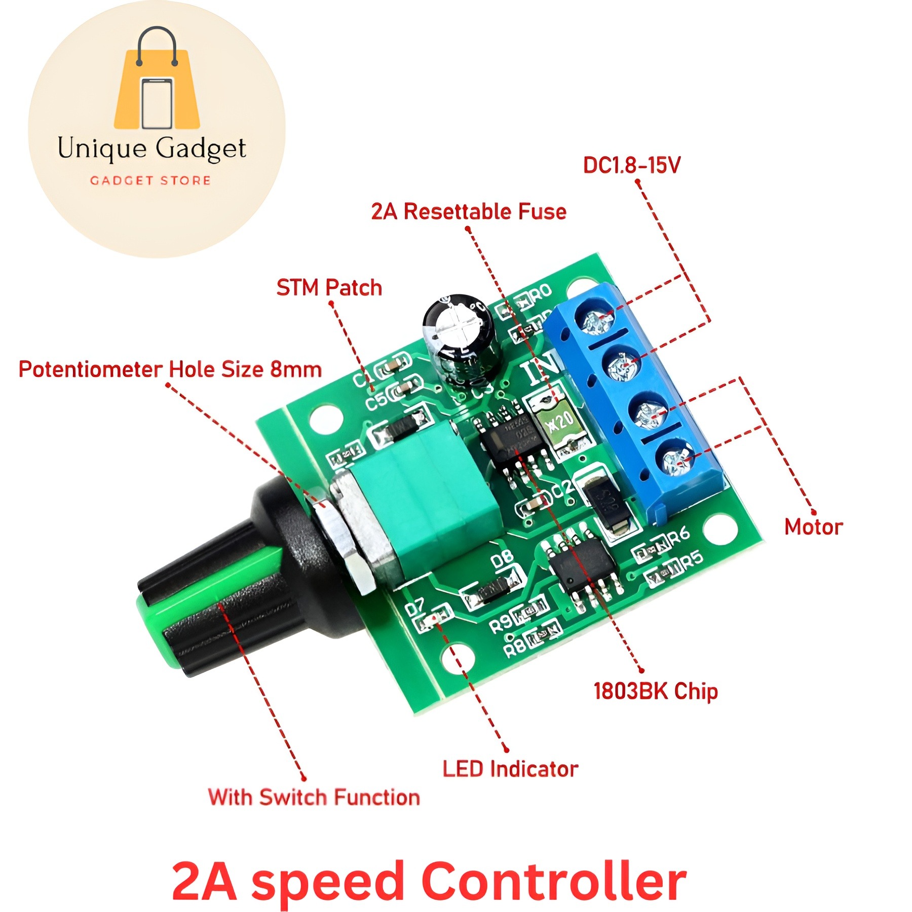 Motor Speed Controller DC 1.8V-15V 2A PWM - Voltage Regulator - Adjustable Switch - Easily Control and Optimize Motor Speed with Precision