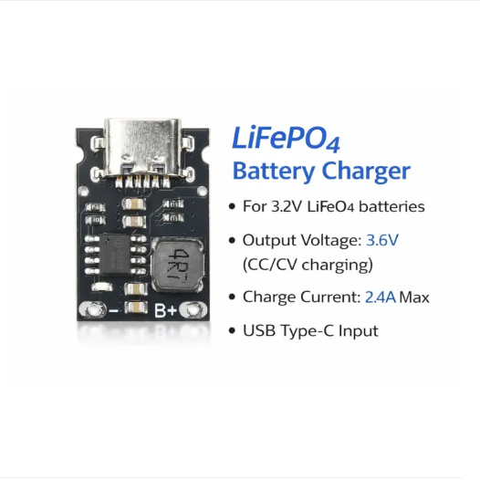 LiFePO4 Battery Chargers Module 3.2V/3.6V 2.4A Fast Charging Type C Interfaces Design for Single Cell Low Power Consumption Module