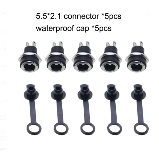 5.5x2.1mm 5.5x2.5mm DC Jack Power Supply Socket Female Panel Mount Connector With 8mm Waterproof Caps